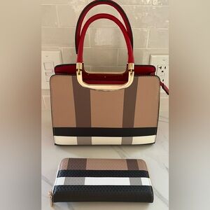 Womens Handbag Purse Top Handle Multicolored Stripe Matching Wallet Gold Hardwar